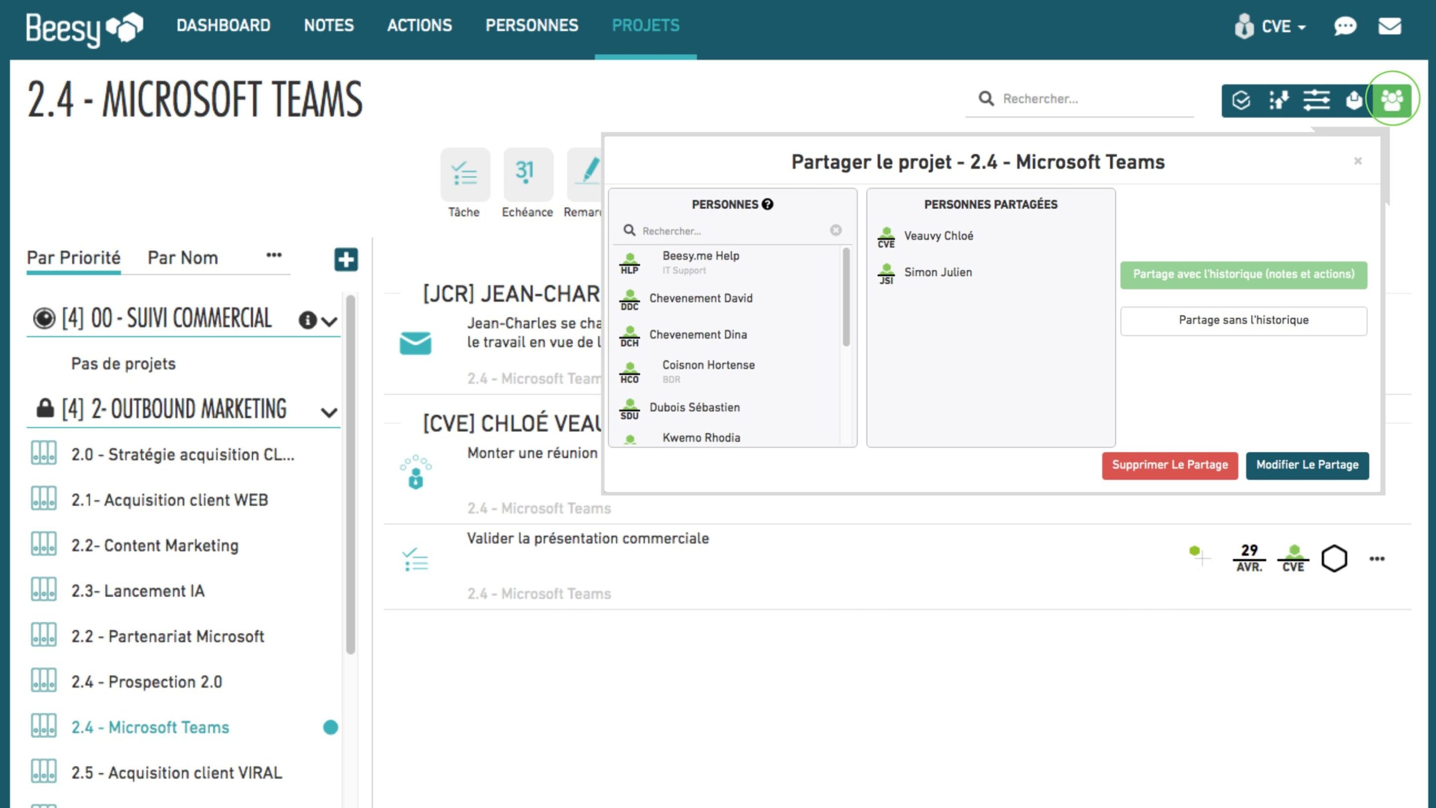 Onglet Projet sur Beesy Logiciel de gestion de projet Beesy